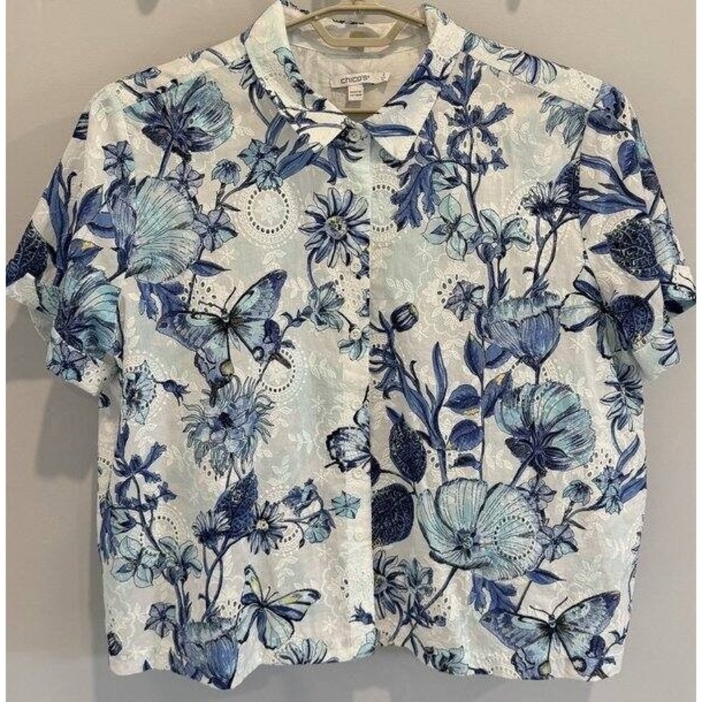 Chicos Eyelet Button Front Short Sleeve Shirt Butterfly Lush Iris Cotton 3 16